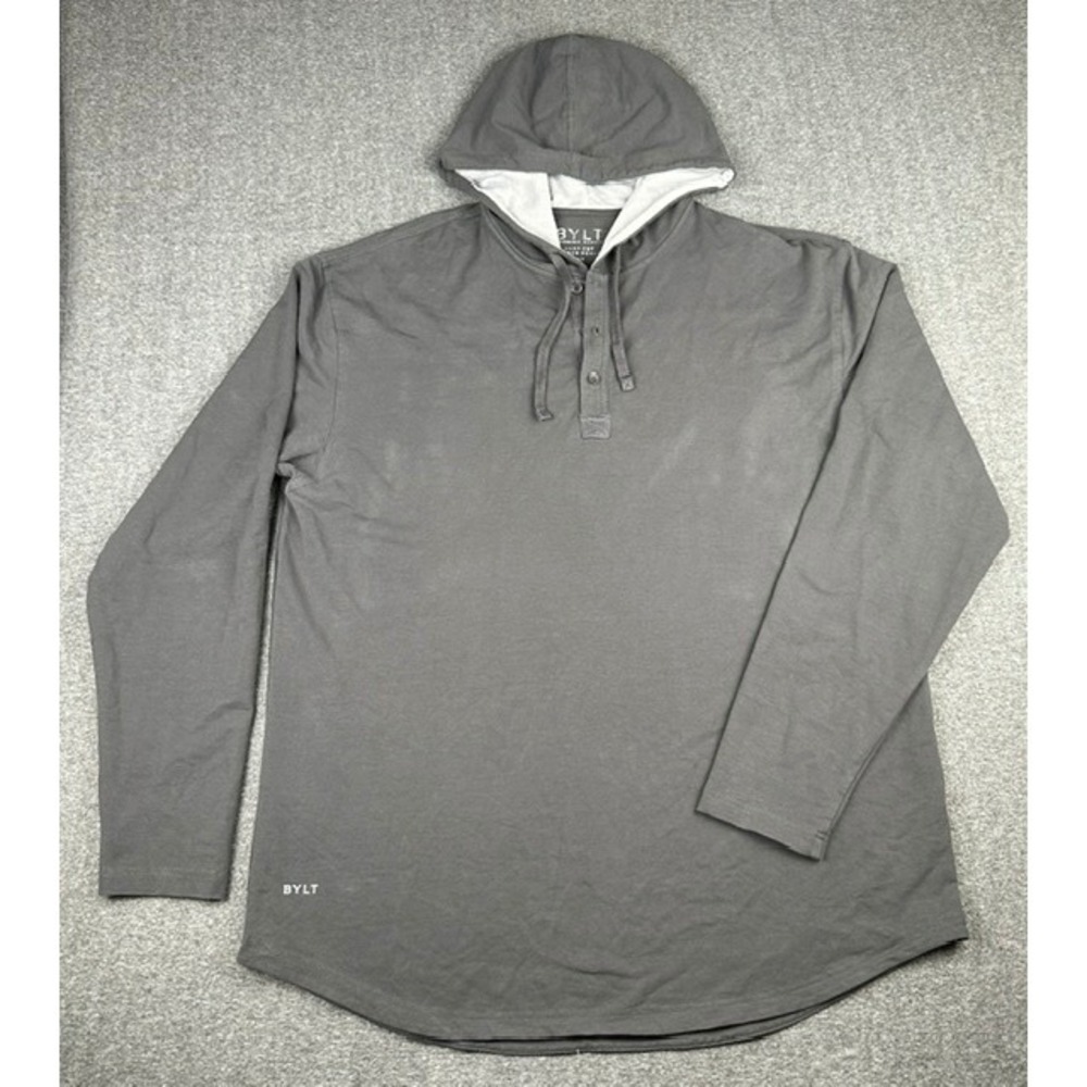 BYLT Premium Basics Drop Cut Hooded Henley Lux Charcoal Gray Mens XXL